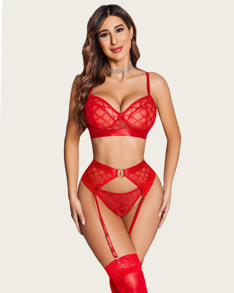 Red sheer mesh bra, garter belt, and matching panty set with adjustable straps