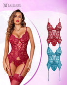Red lace lingerie set with corset lacing cutout, underwire bra, and garter straps