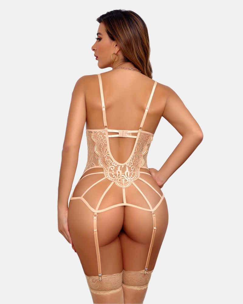 Back view of lace lingerie set with garter straps and crisscross open back (nude/beige)