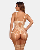 Back view of lace lingerie set with garter straps and crisscross open back (nude/beige)