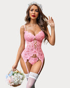 Pink lace lingerie set with garter straps and lace bodysuit
