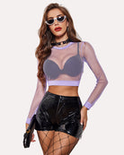 Purple long-sleeve fishnet crop top with solid hem band and V-shaped chest panel