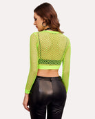 Neon green long-sleeve fishnet crop top, back view, with solid hem band