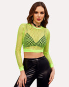 Neon green long-sleeve fishnet crop top with V-shaped chest panel and solid waist hem