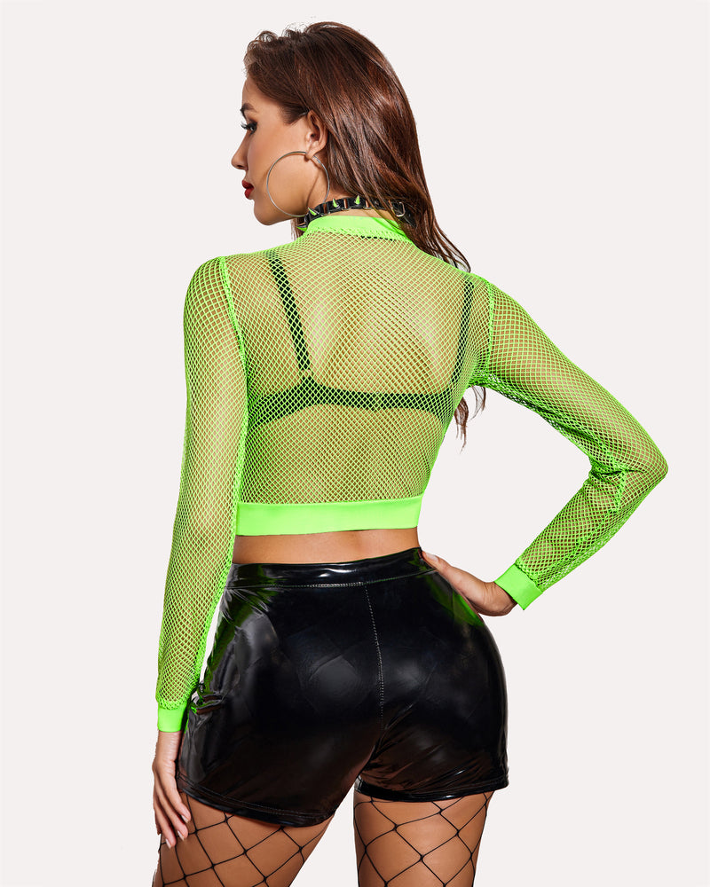 Neon green fishnet long-sleeve crop top with open back and square net pattern