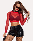 Red fishnet long-sleeve crop top with square net pattern and banded hem