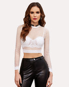White long-sleeve fishnet crop top with solid waistband and high neck collar detail