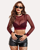 Maroon fishnet long-sleeve crop top with square net pattern and crew neckline
