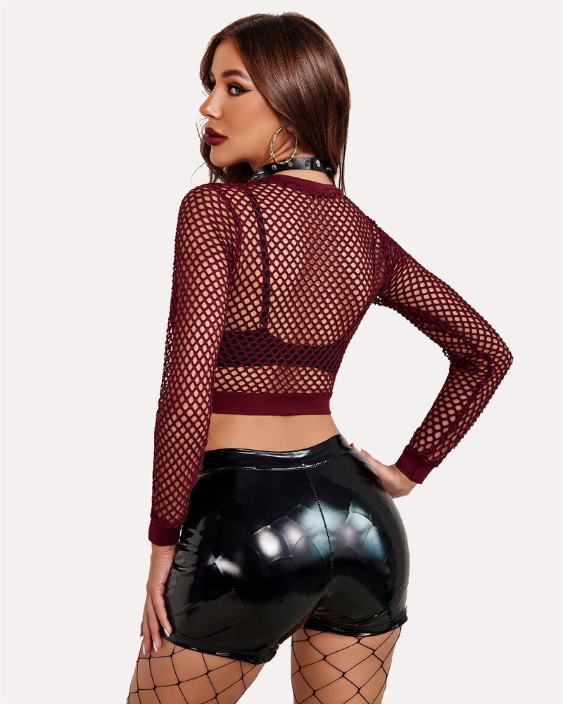 Maroon fishnet long-sleeve crop top, open back with crisscross net pattern