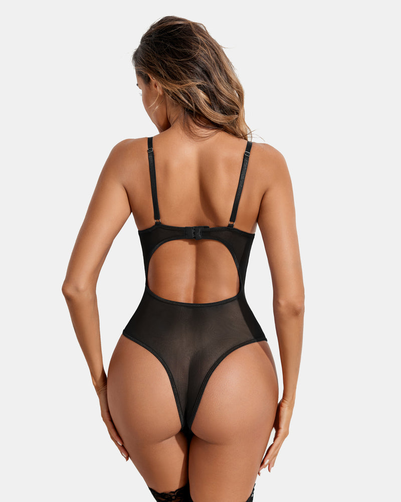 Black lace garter teddy back view with sheer panel and adjustable shoulder straps