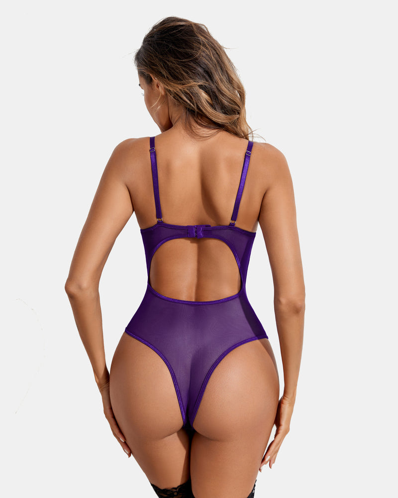 Purple lace garter teddy back view with sheer oval panel and adjustable shoulder straps