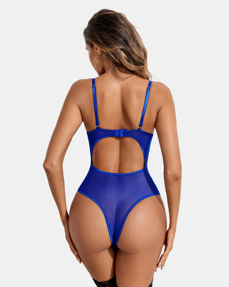 Blue lace garter teddy with strappy open back and sheer bodysuit panel