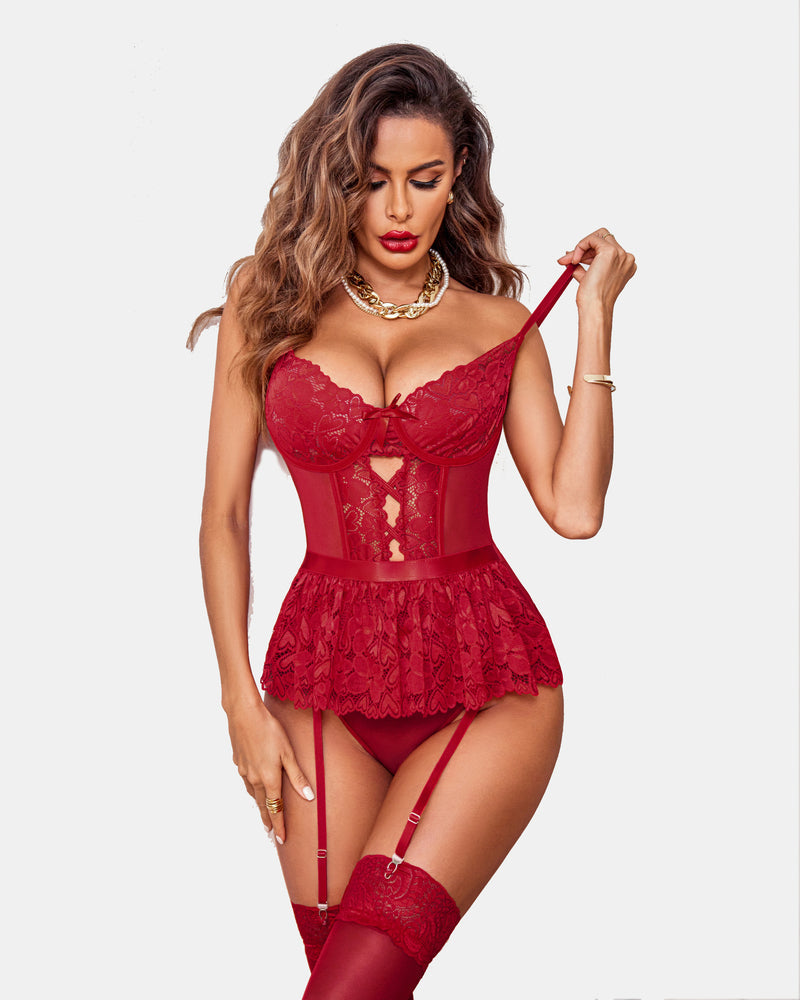 Red lace garter teddy with sweetheart cups, cutout detail, and lace garters