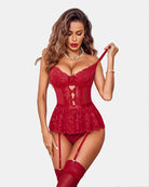 Red lace strappy teddy with garter belt, corset-style bodice, and lace trim skirt