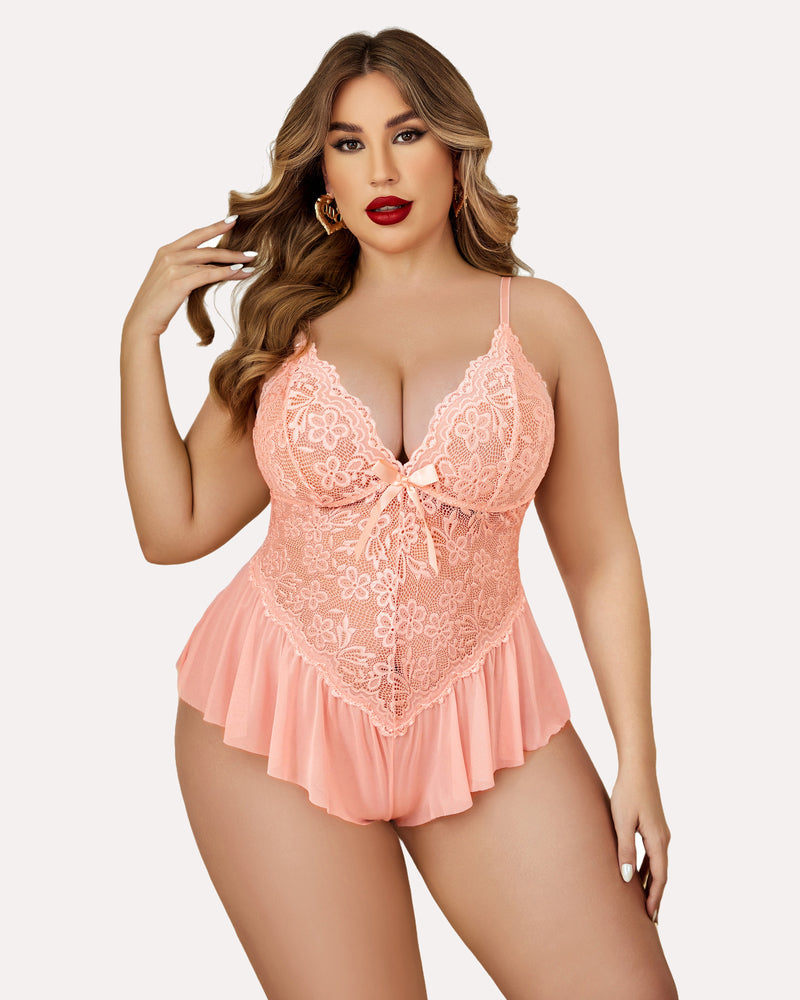 Plus size lace teddy bodysuit with plunging cups and blush pink lace trim