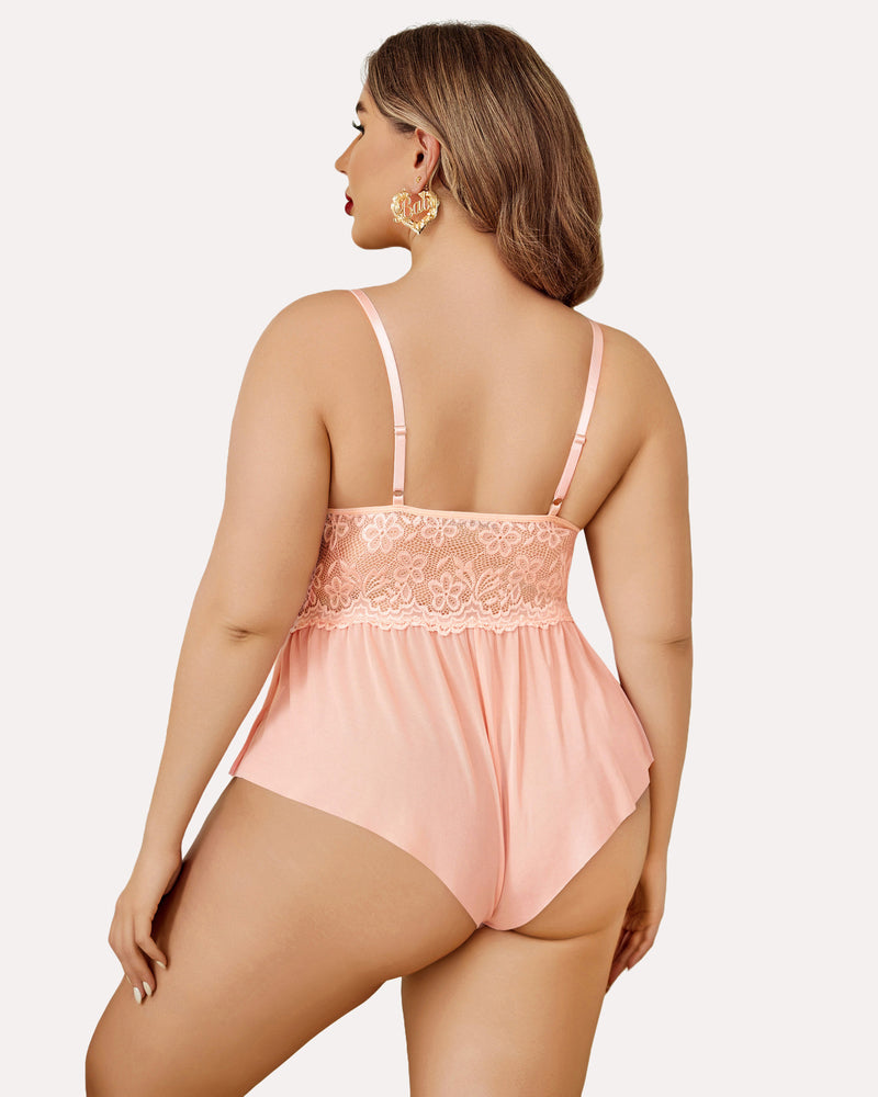 Plus size lace teddy bodysuit with open-back lace and blush pink sheer body