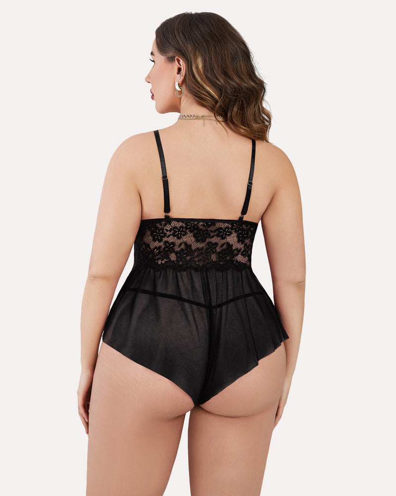 Plus size lace teddy bodysuit with open-back lace and thin black shoulder straps