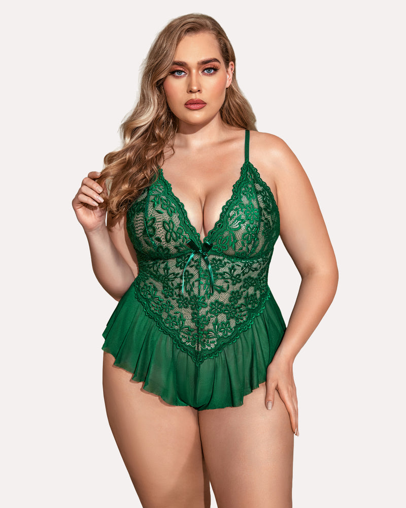 Plus size lace teddy bodysuit with plunging lace cups and green babydoll skirt
