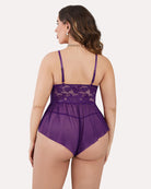 Plus size lace teddy bodysuit in purple, lace back with adjustable shoulder straps