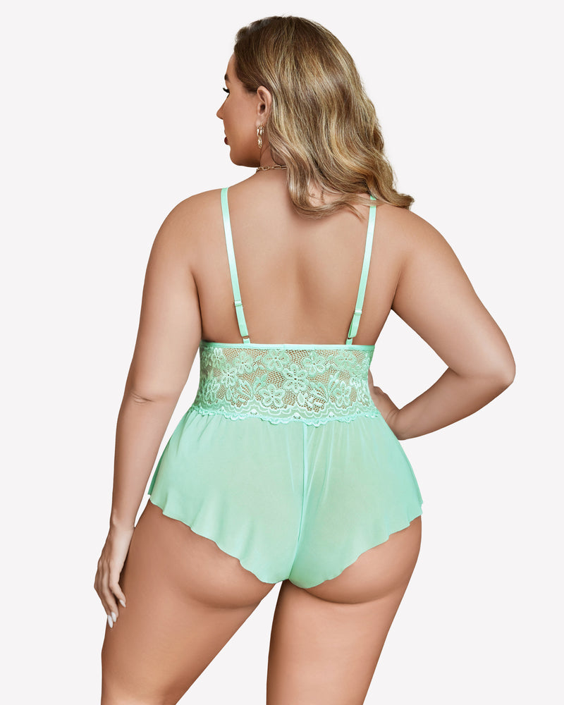 Mint green lace bodysuit with adjustable straps and sheer high-waist back