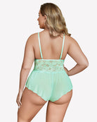 Mint green lace bodysuit with adjustable straps and sheer high-waist back