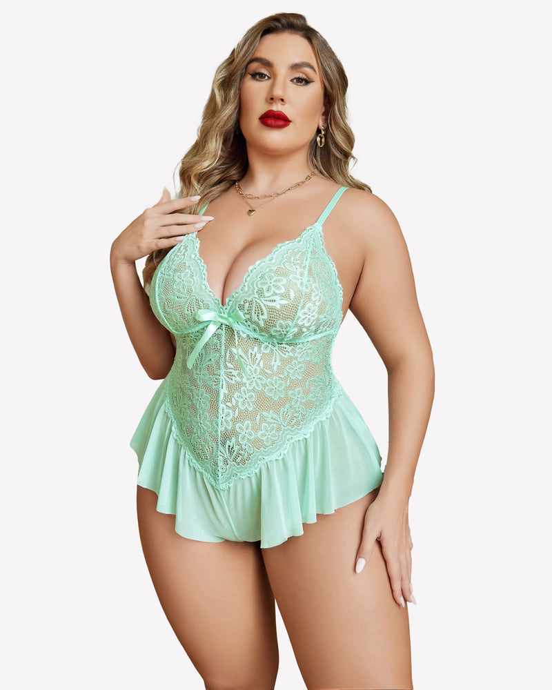 Light mint lace lingerie bodysuit with V-neck cups and ruffled peplum