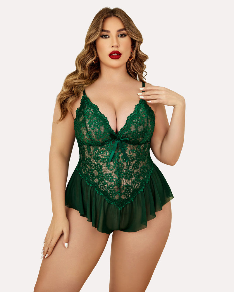 Plus size lace teddy bodysuit in green with lace floral cups and tie front