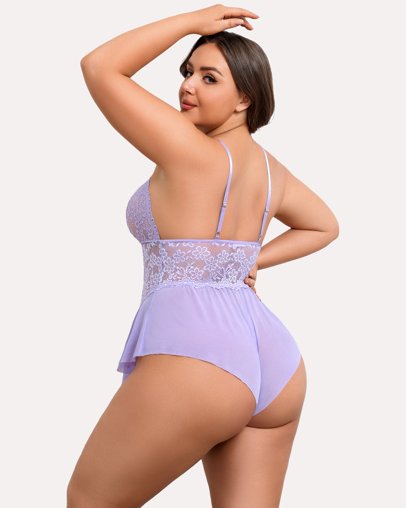 Plus size lace teddy bodysuit in lilac from back with lace waistband and sheer mesh