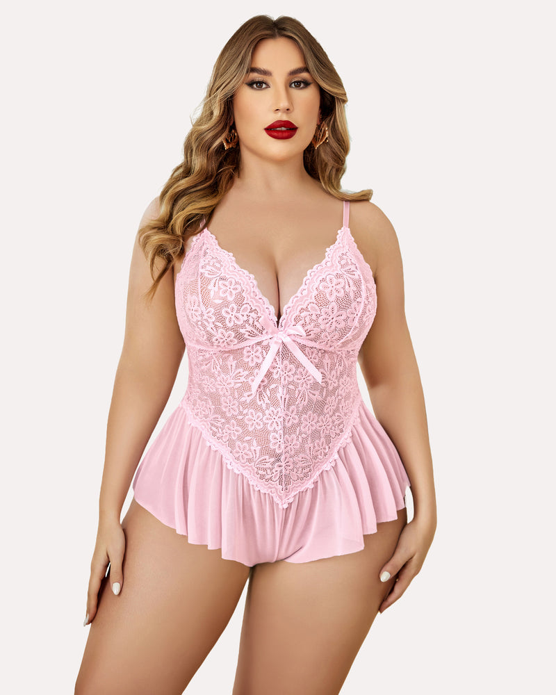 Plus size lace teddy bodysuit in pink with lace floral cups and bow front