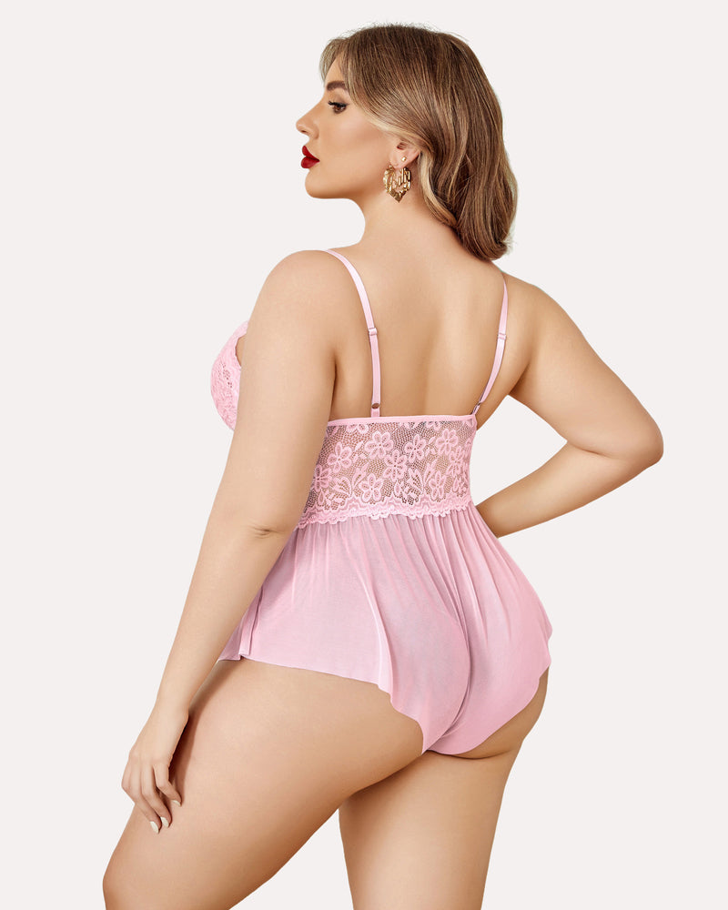 Plus size lace teddy bodysuit in pink from back with lace trim and sheer babydoll panels