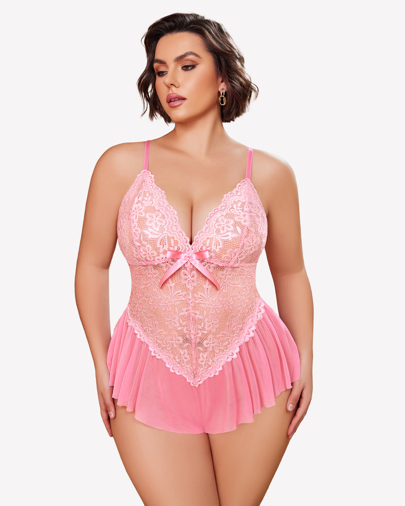 Pink lace bodysuit with underwire cups, bow tie, and ruffled skirt