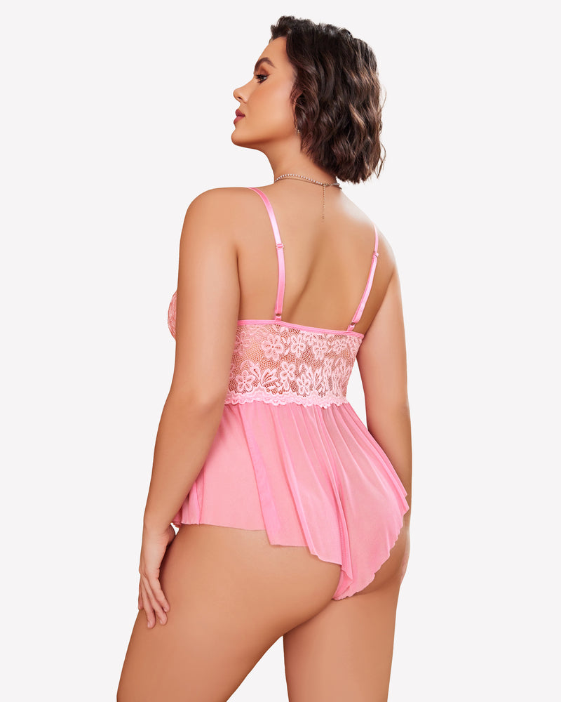 Pink lace bodysuit with thin straps and sheer high-leg back
