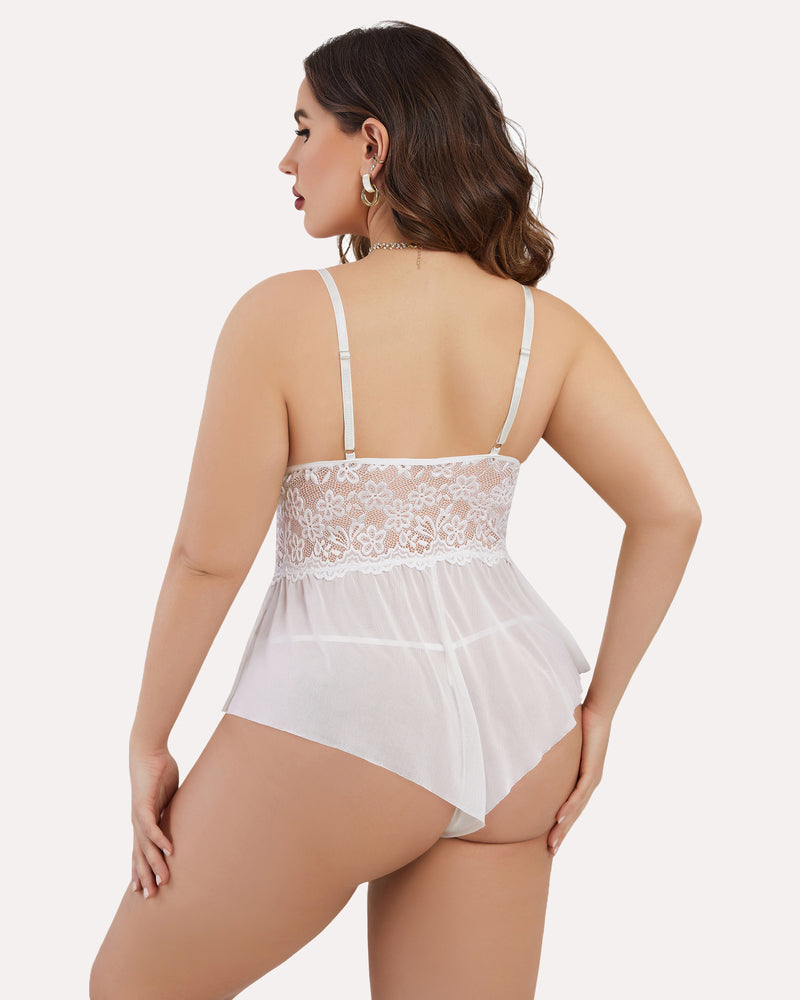 Plus size lace teddy bodysuit in white from back with lace waistband and sheer mesh panel