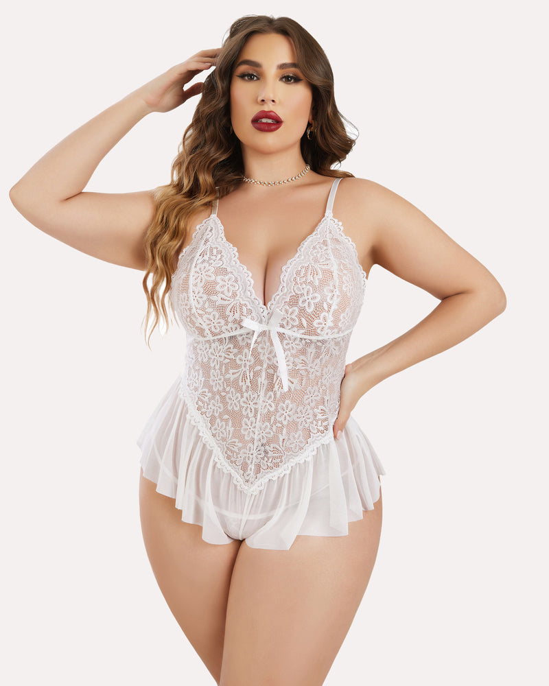 Plus size lace teddy bodysuit in white with lace floral cups and bow tie front