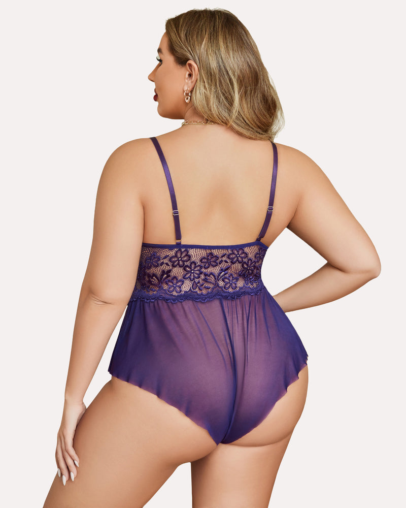 Plus size lace teddy bodysuit, purple back view with adjustable straps and mesh brief
