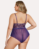 Plus size lace teddy bodysuit, purple back view with adjustable straps and mesh brief