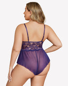 Navy lace bodysuit with adjustable straps and sheer high-leg back