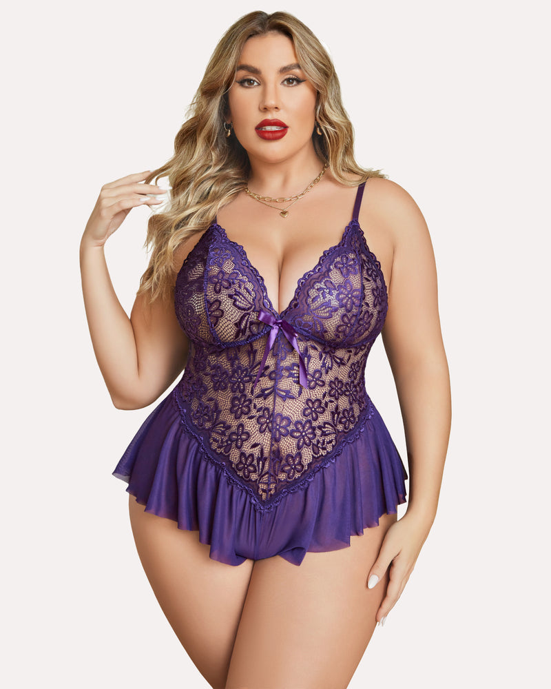Plus size lace teddy bodysuit, purple V-neck with bow, scalloped trim and ruffled hem