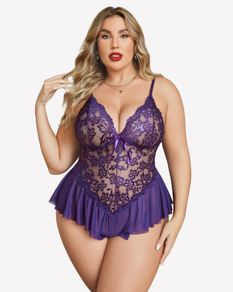 Plus size lace lingerie bodysuit, purple floral lace with babydoll hem