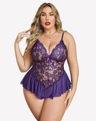 Plus size lace lingerie bodysuit, purple floral lace with babydoll hem