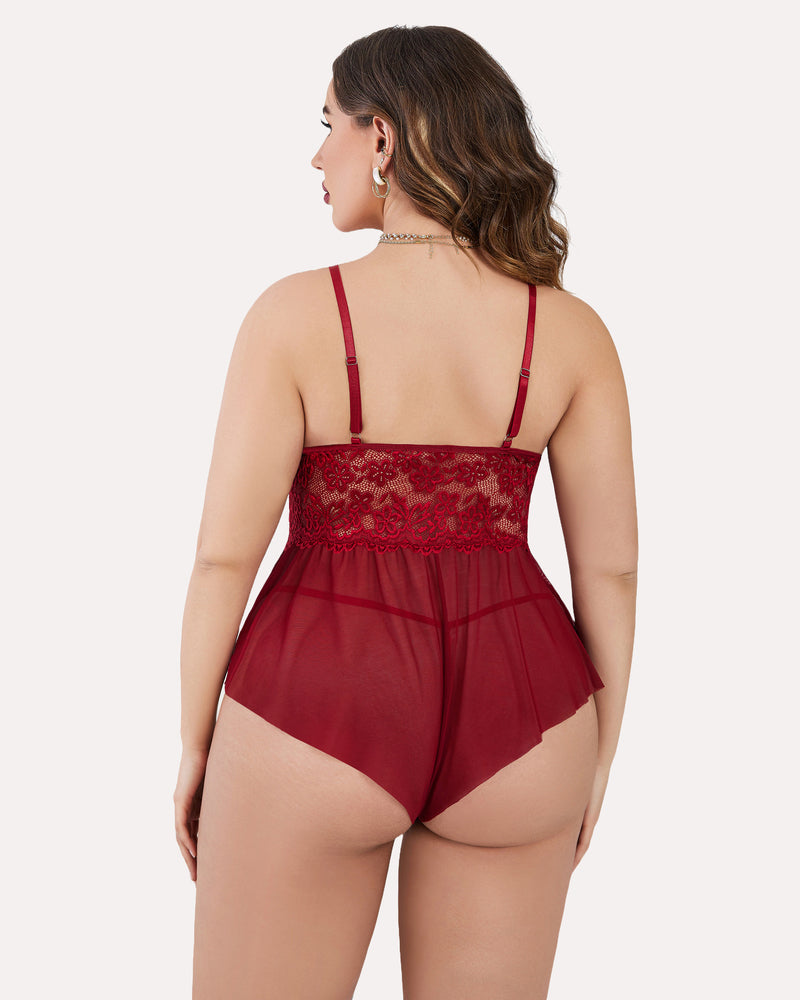 Plus size lace teddy bodysuit, wine red back view with adjustable straps and sheer mesh