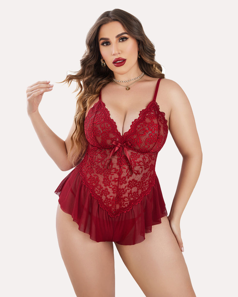 Plus size lace teddy bodysuit, wine red V-neck with bow and scalloped lace trim