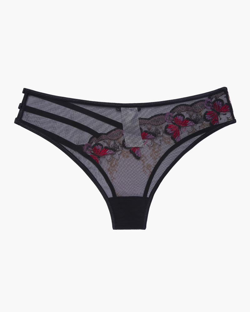Black mesh panties with red floral embroidery and sheer striped panels
