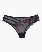Black mesh panties with red floral embroidery and sheer striped panels