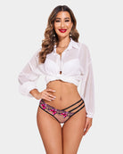 Sheer mesh panties with pink butterfly embroidery and black striped side straps