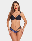 Sheer mesh panties with blue butterfly embroidery and black striped side cutouts