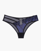 Blue mesh panties with dark floral embroidery and black elastic edges