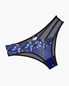 Blue mesh panties with butterfly embroidery and black scalloped edges