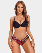 Sheer mesh panties with red butterfly embroidery and black striped side cutouts