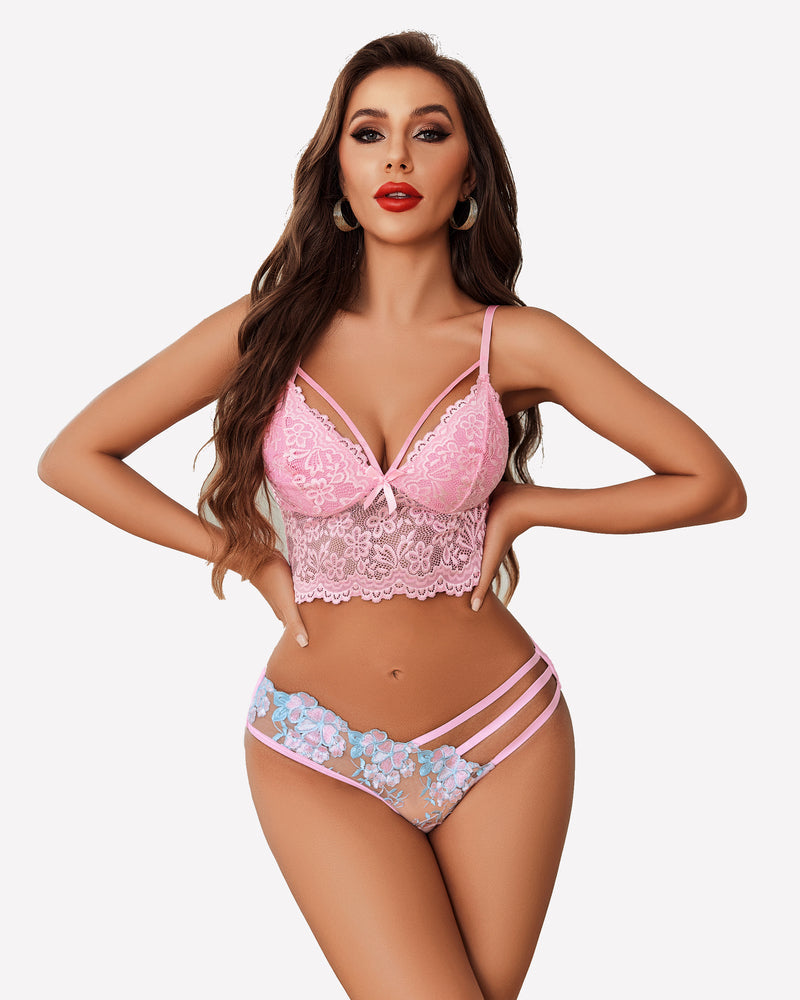Pink mesh panties with butterfly embroidery and scalloped lace trim